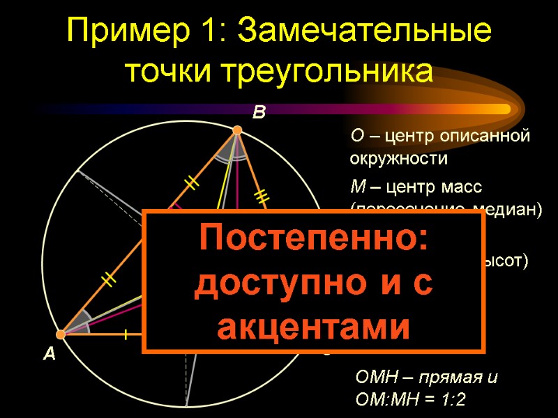 Пример 1: Замечательные точки треугольника C O M H I A B O –